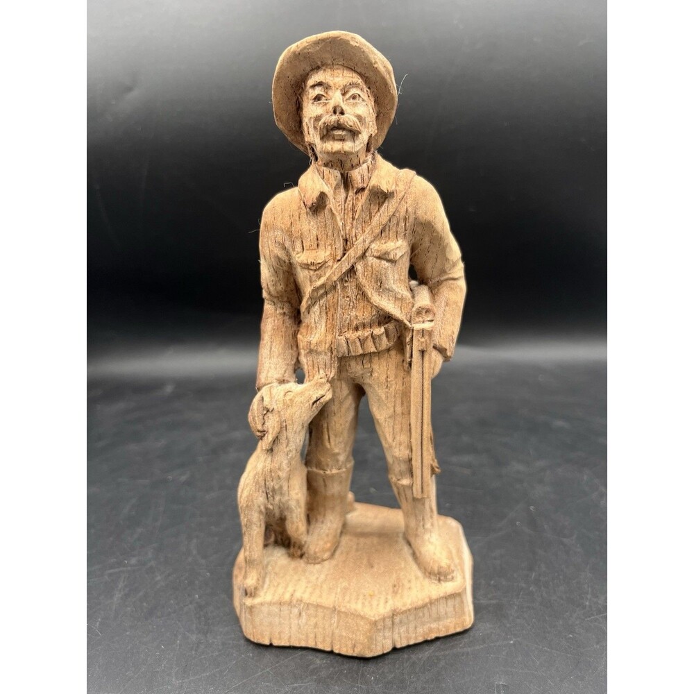 Vintage SIC France Hand Carved Wood Hunter & Dog Figurine 8” Folk Art Sculpture